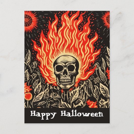 Carte Postale Crâne sur feu Linocut Art Halloween heureux (Devant)