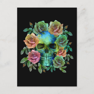 CARTE POSTALE CRÂNE VERT DE LA MORT AVEC FLEURS