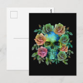 CARTE POSTALE CRÂNE VERT DE LA MORT AVEC FLEURS (Devant / Derrière)