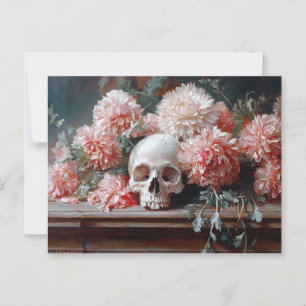 Carte Postale Crâne vintage et fleurs rose pâle
