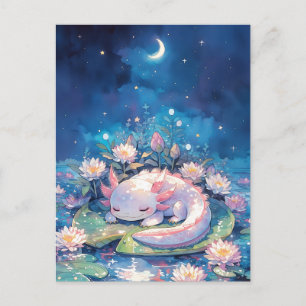 Carte Postale Crayon aquarelle axolotl endormi sous la lune croi