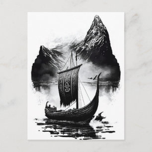 Carte Postale Crayon encre aquarelle de bateau dragon Viking. Vo