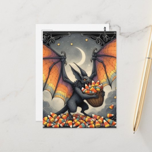 Carte Postale Créature d'Halloween avec des bonbons (Devant/Arrière en situation)