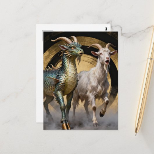 Carte Postale Créatures mythiques de chèvre dragon surprises (Devant/Arrière en situation)