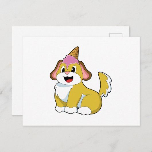 Carte Postale Crème glacée Chien avec gaufre (Devant / Derrière)