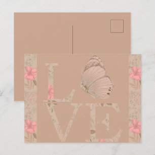 Carte Postale Crème Pink Love Papillon Floral