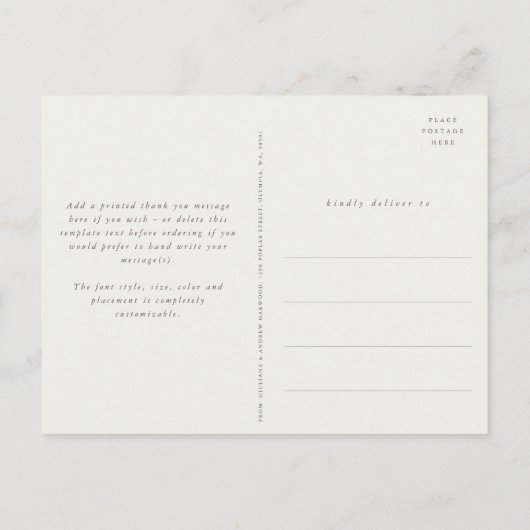 Carte Postale Crème Snowberry+Eucalyptus Merci Mariage Photo (Dos)