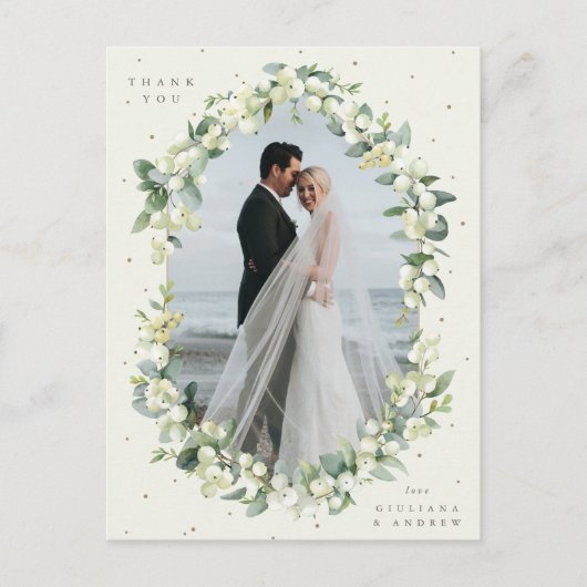Carte Postale Crème Snowberry+Eucalyptus Merci Mariage Photo (Devant)