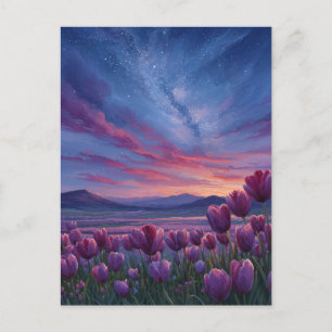 Carte Postale Crépuscule étoilé sur champ de tulipes violettes