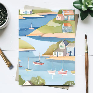 Carte Postale Crique de bateaux   Peinture aquarelle moderne