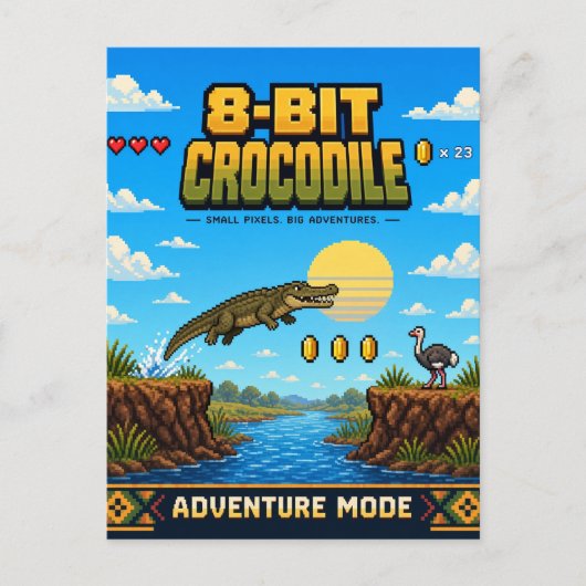 Carte Postale Crocodile, Rétro Pixel Art 8 Bits (Devant)