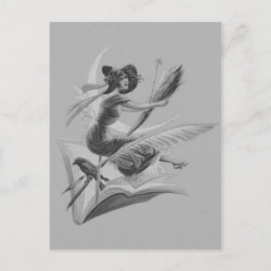 Carte Postale Croissant de lune monochrome de Raven de sorcière