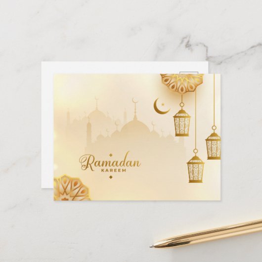 Carte Postale Croissant d'or et lanterne Ramadan Kareem (Devant/Arrière en situation)