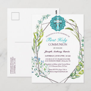 Carte Postale Croix Bleue Printemps Floral Première Communion Sa