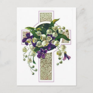 Carte Postale Croix D'Argent Avec Fleurs Violettes