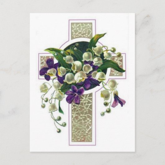 Carte Postale Croix D'Argent Avec Fleurs Violettes (Devant)