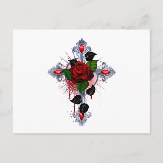 Carte Postale Croix d'argent avec une rose rouge (Devant)