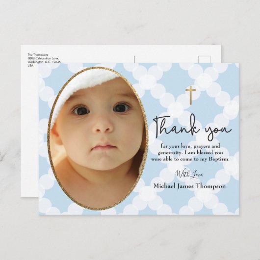 Carte Postale Croix d'or bleu personnalisé bébé garçon Baptême P (Devant / Derrière)
