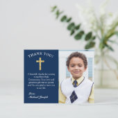 Carte Postale Croix d'or simple bleu foncé 1ère communion Merci (Debout devant)