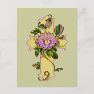Carte Postale Croix Jaune Avec Fleur Rose