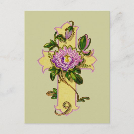 Carte Postale Croix Jaune Avec Fleur Rose (Devant)