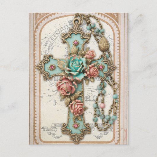Carte Postale Croix vintage et fleurs (Devant)