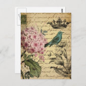 Carte Postale cropt hydrangea bird french botanical (Devant / Derrière)