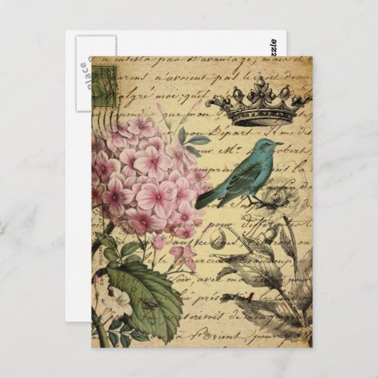 Carte Postale cropt hydrangea bird french botanical (Devant / Derrière)