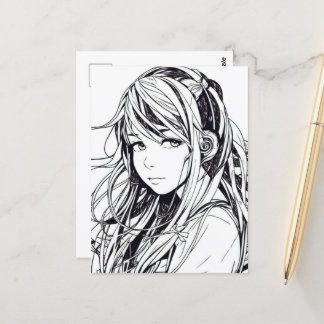 Carte Postale Croquis Anime Manga Girl Portrait