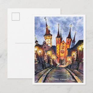 Carte Postale Croquis aquarelle vieux pont principal Wurzburg Al