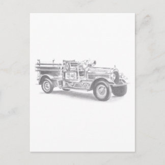 Carte Postale croquis au crayon de vieux camion de pompiers dess