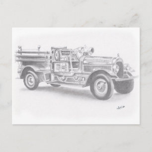 Carte Postale croquis de camion de pompiers vintage dessiné à la
