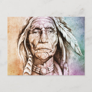 Carte Postale Croquis de tatouage, portrait d'un Indien d'Amériq