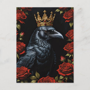 Carte Postale Crow dans une couronne d'or rubis Roses rouges