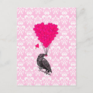 Carte Postale Crow et coeur sur damas rose
