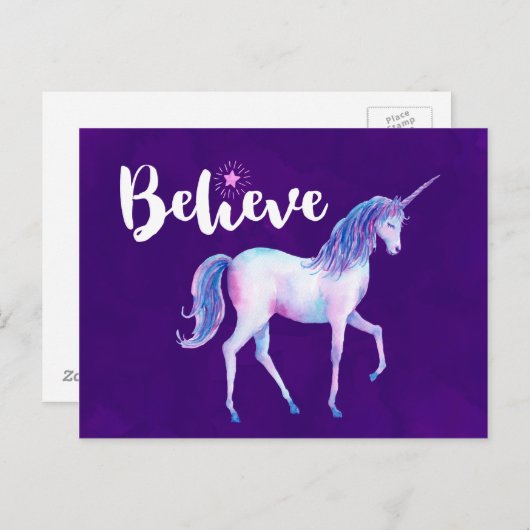 Carte Postale Croyez avec Unicorn dans les aquarelles pastel (Devant / Derrière)