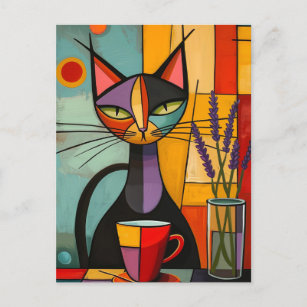 Carte Postale Cubiste Abstraite colorée Cat & Café