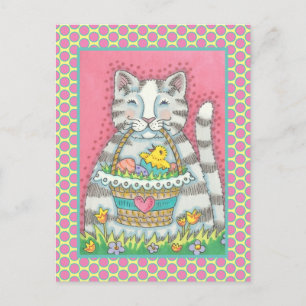 CARTE POSTALE CUISINE POULET & PÂQUES BASKET D'OEUF, CUTE CAT VA