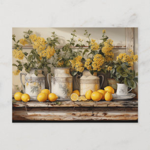 Carte Postale Cuisine vintage Étagère Citrons Canards Fleurs