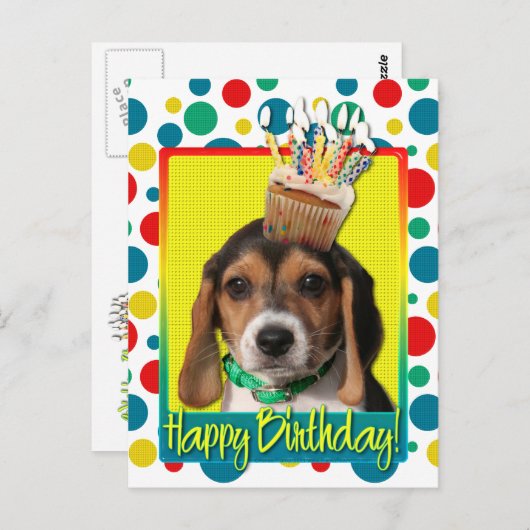 Carte Postale Cupcake d'anniversaire - Chiot Beagle - Chloe (Devant / Derrière)