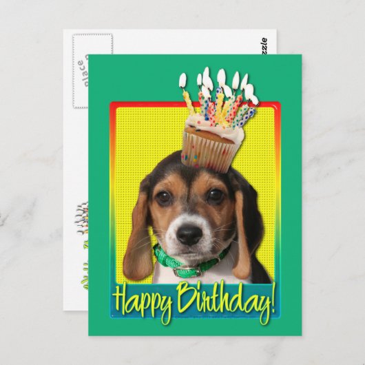 Carte Postale Cupcake d'anniversaire - Chiot Beagle - Chloe (Devant / Derrière)