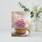 Carte Postale Cupcake Joyeux Anniversaire avec Roses à la Crème (Debout devant)