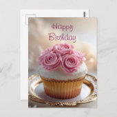 Carte Postale Cupcake Joyeux Anniversaire avec Roses à la Crème (Devant / Derrière)