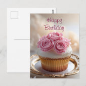 Carte Postale Cupcake Joyeux Anniversaire avec Roses Crème Rose  (Devant / Derrière)