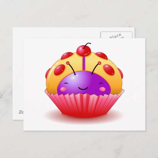 Carte postale Cupcake Ladybug jaune (Devant / Derrière)