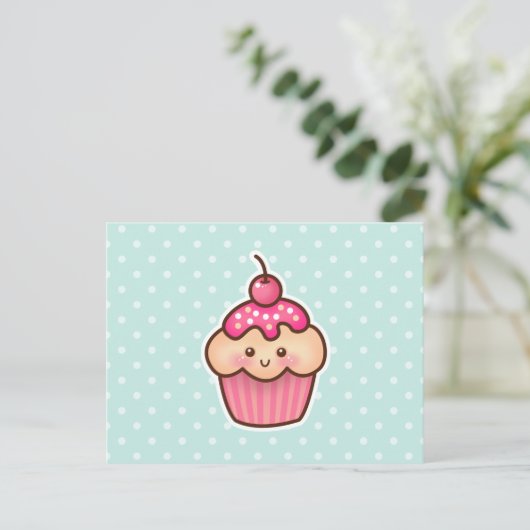Carte Postale Cupcake rose Kawaii et Pois bleu Mint (Debout devant)