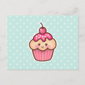 Carte Postale Cupcake rose Kawaii et Pois bleu Mint (Devant)