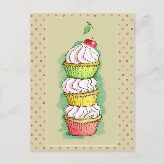 Carte Postale cupcakes à l'aquarelle. Illustration de cuisine. (Devant)