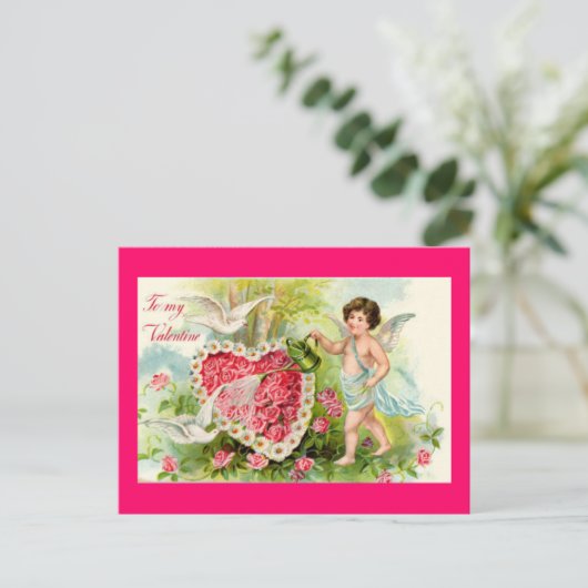 Carte postale Cupide Valentine rose Roses (Debout devant)