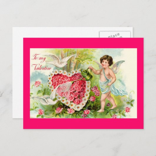 Carte postale Cupide Valentine rose Roses (Devant / Derrière)